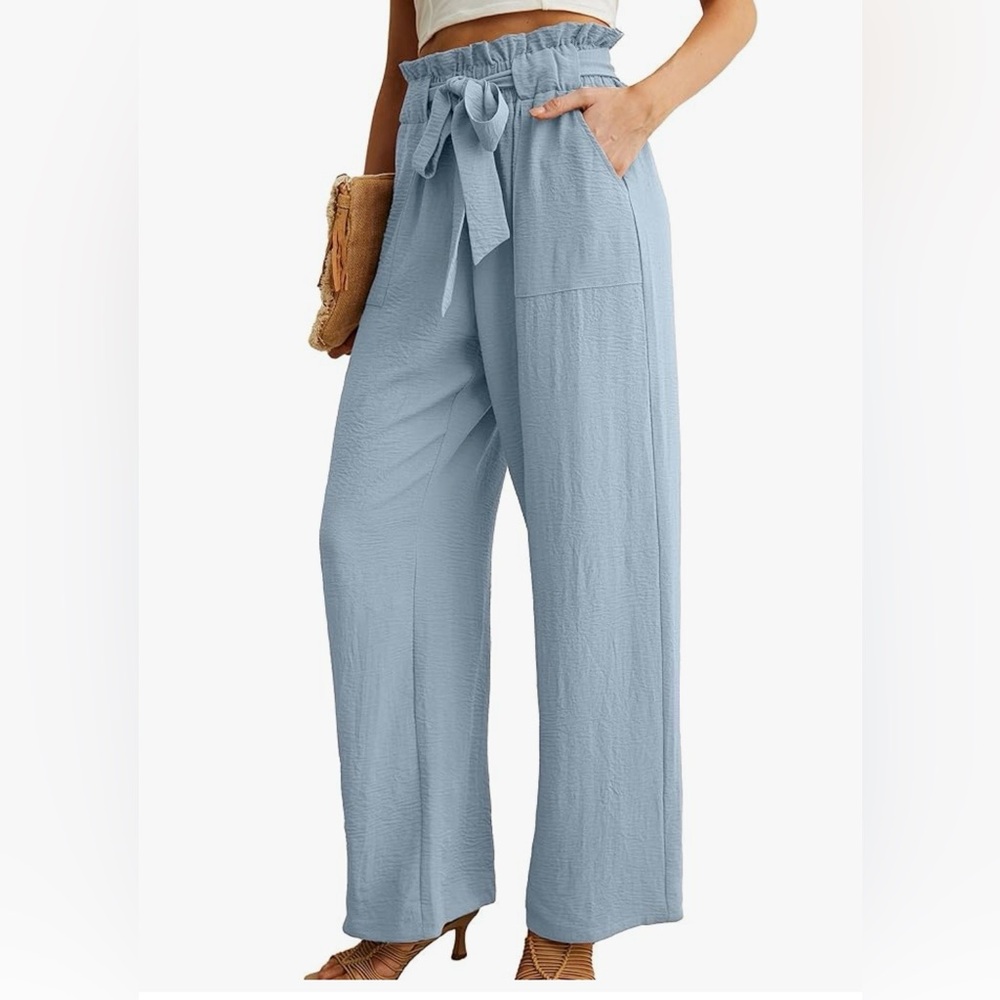 Wide Leg Paperbag Waist Pants - Light Blue